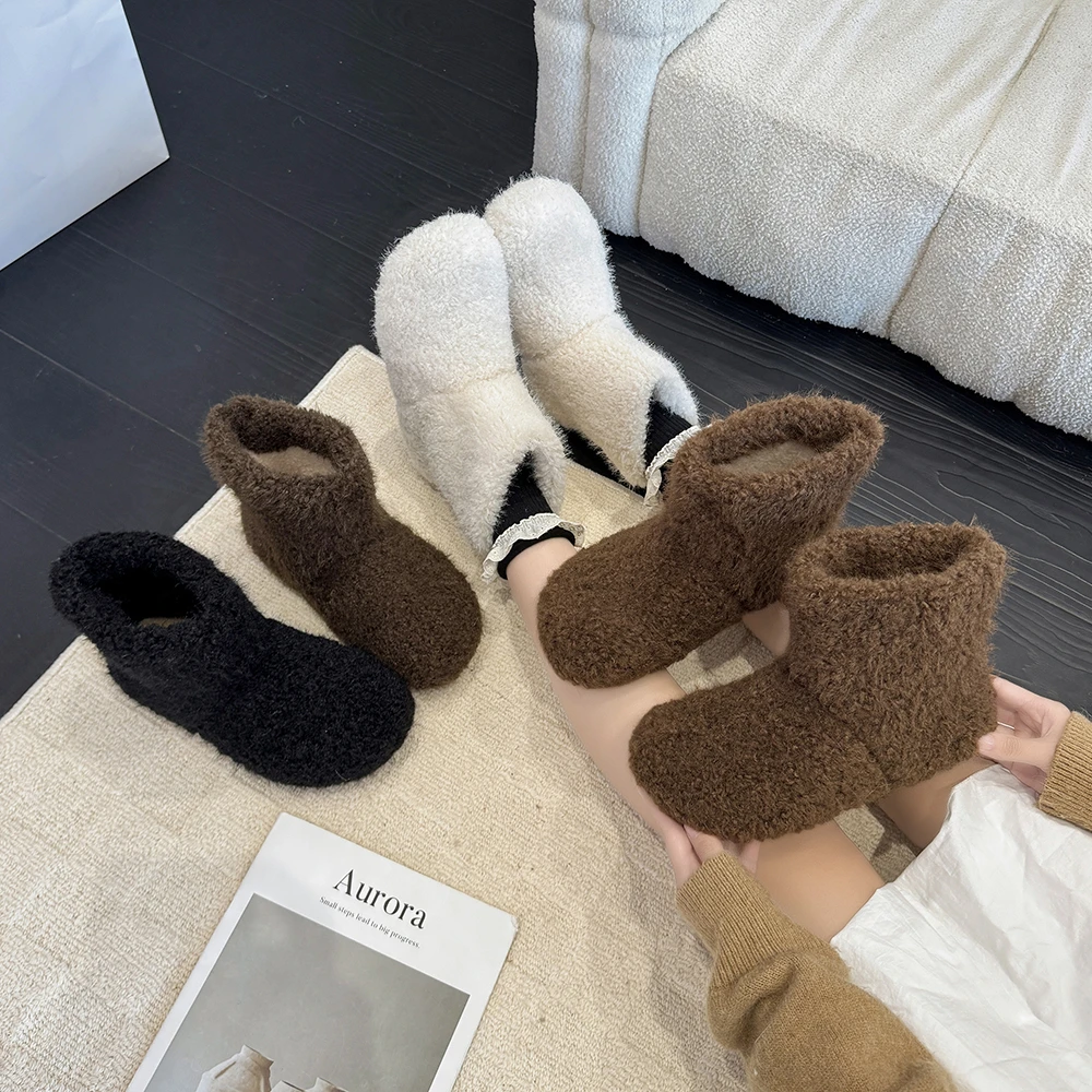 Women's Winter Cashmere Warm and Comfortable Round Ankle Boots 2026 New Solid Color Simple Joker Sleeve Mao Mao Snow Boots