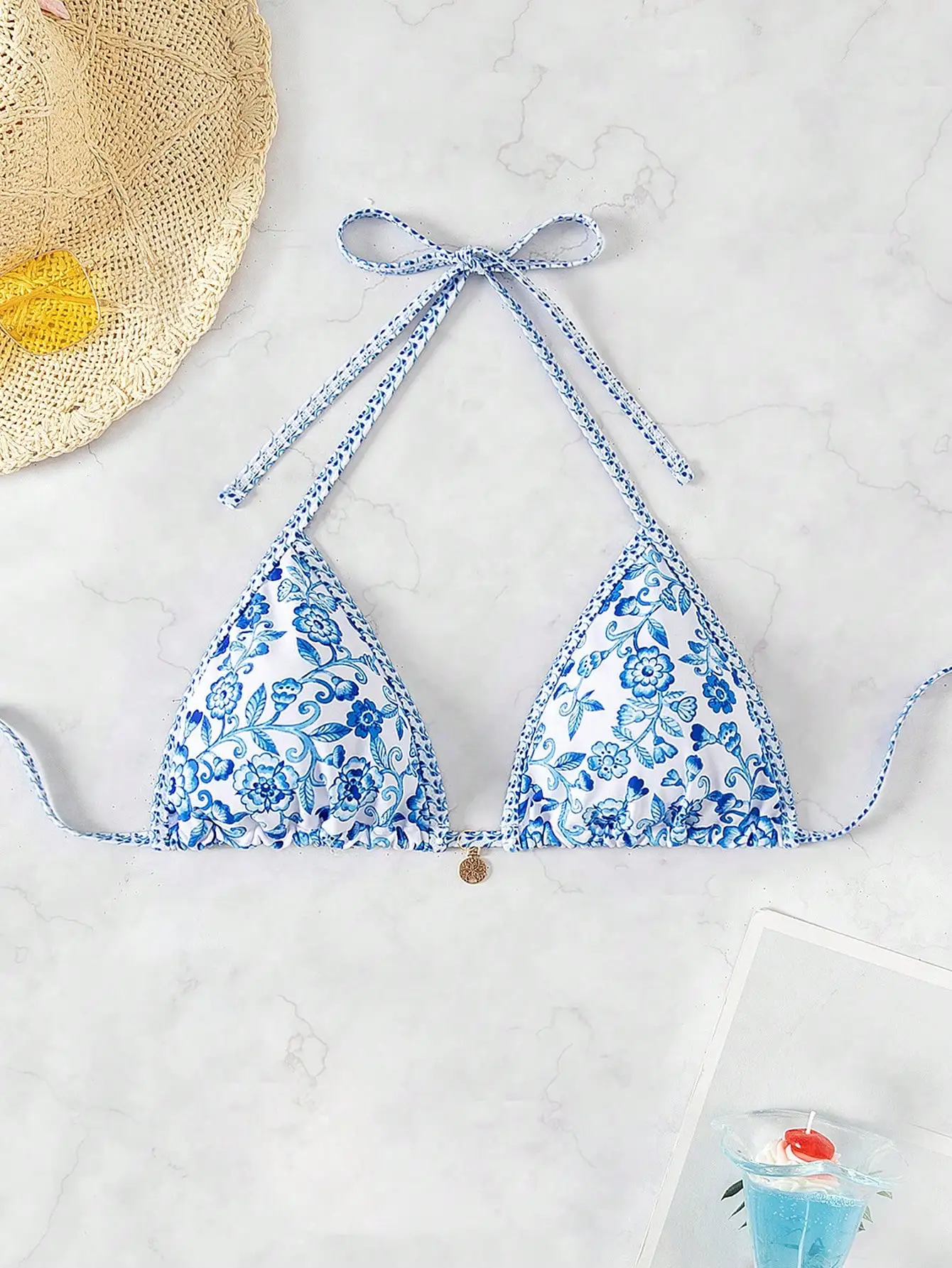 

Women Summer Beach Floral Print Halter Triangle Bikini Top
