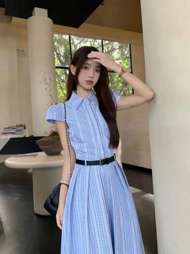 Abito da donna a righe blu manica corta con lacci volant streetwear Boho vacanza ufficio abiti da donna abiti estivi Vestido Wh39