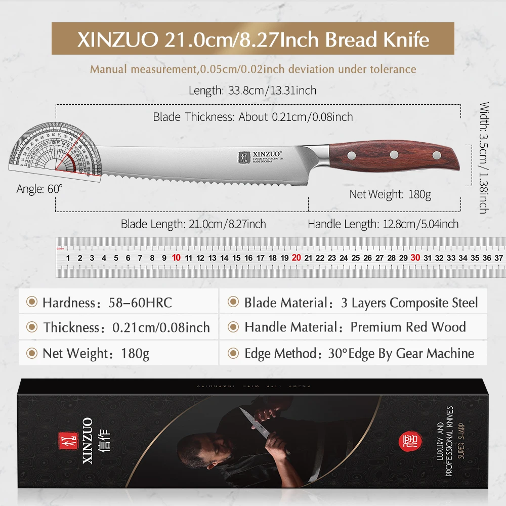 XINZUO 8.2 Inches Bread Knife 3 Layers Composite Steel 440C Steel Core Auti-rust High Carbon Steel Knife Cut  Bread And Cake