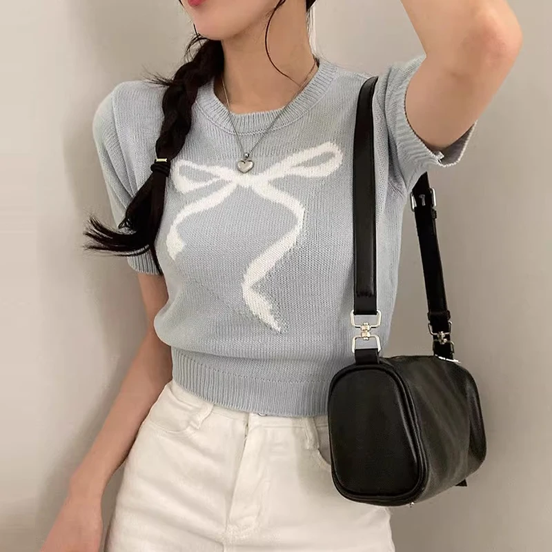 Kimotimo Summer Bow Print Short Sleeve Sweater Women Korean Chic Sweet O Neck Slim Fit Y2k Knit Tops Fashion All Match Pulls