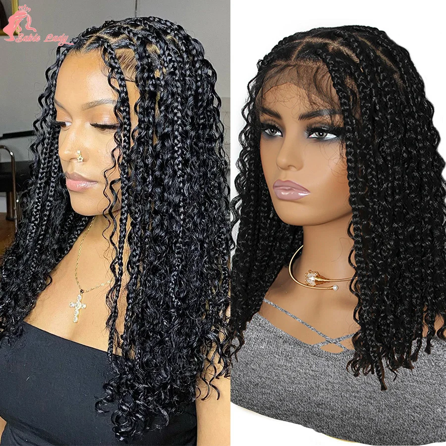 Synthetic Short Boho Braided Wig Full Lace Wigs Goddess Bohemian Box Braids With Curly Hair Knotless Cornrows Braids For Women