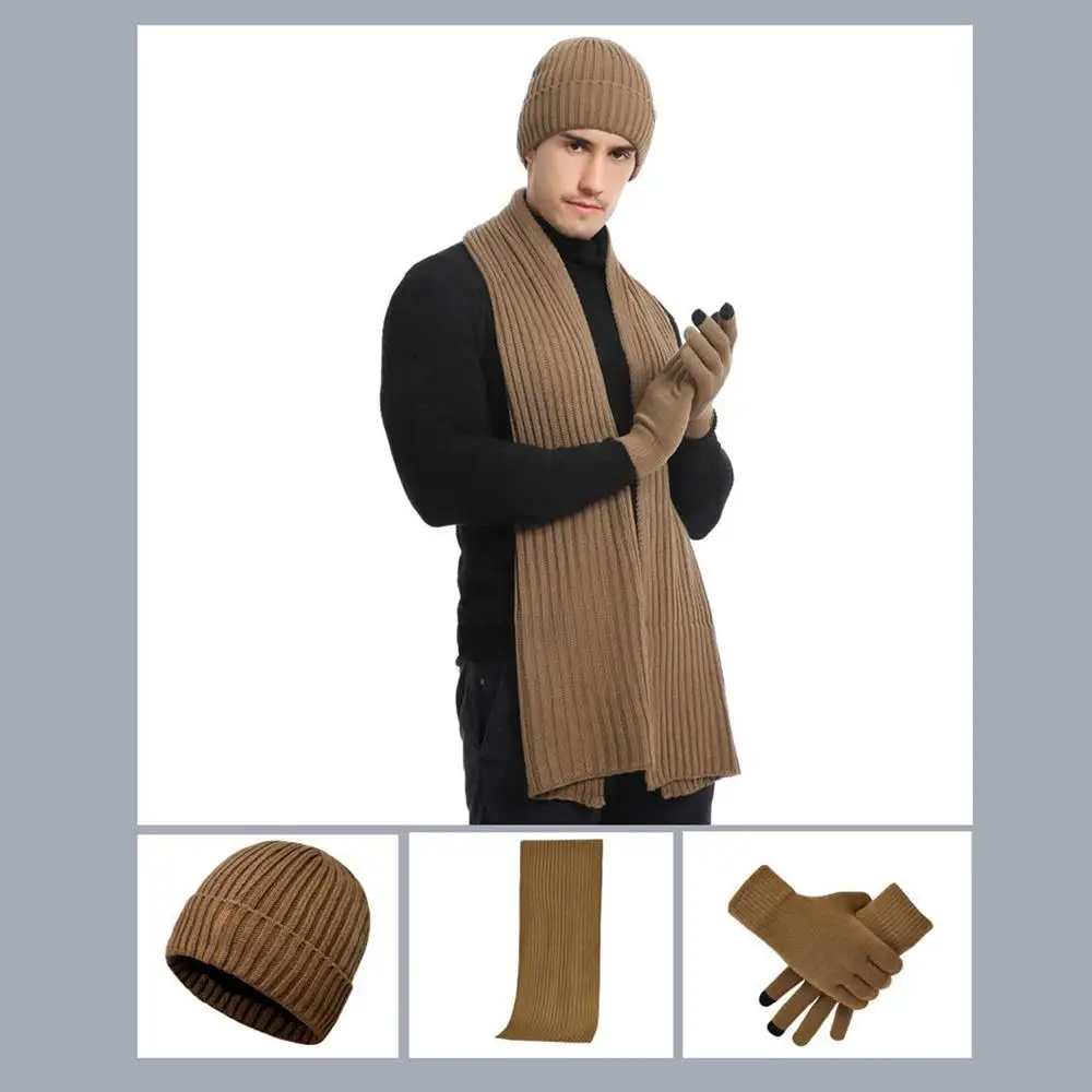 Повседневные утолщенные шапочки, шарф, перчатки, комплект, зимняя теплая шапка-бини на флисовой подкладке, вязаная шапка унисекс, комплект 3 в 1, комплект для женщин и мужчин