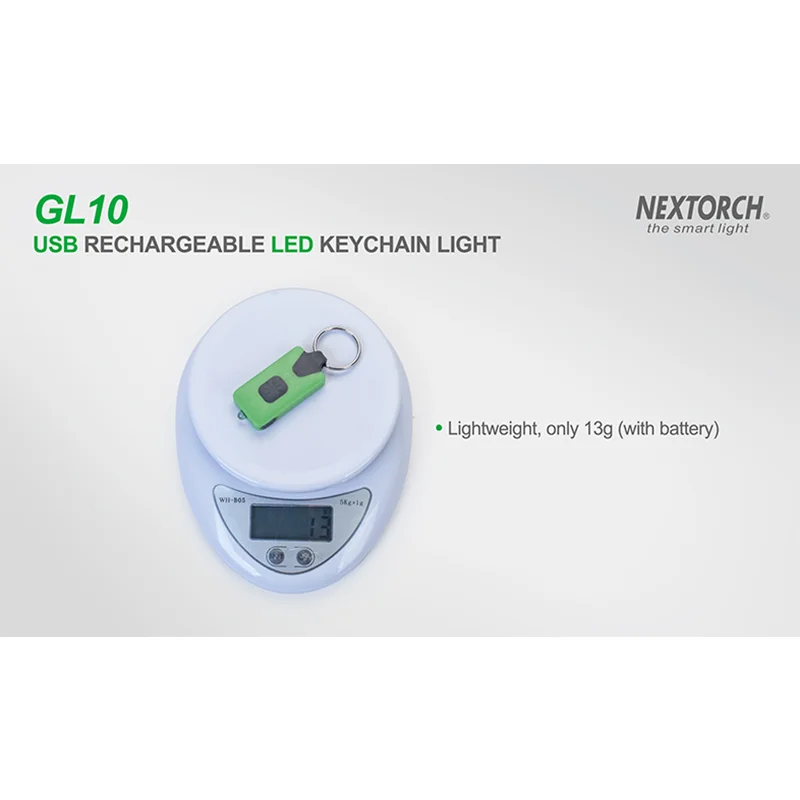 NEXTORCH 충전식 리튬 이온 배터리 캠핑 LED 미니 키 라이트, EDC 그린, 무게 13g, USB, GL10