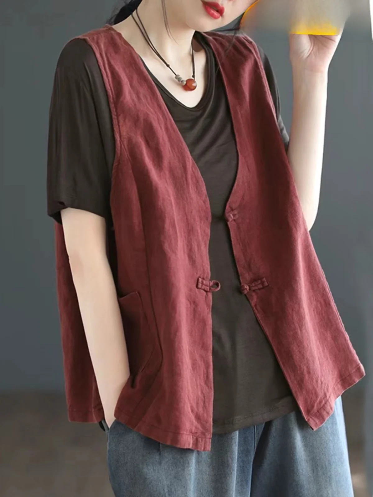 

Chinese Sle Button up Cotton Linen Vest Jaet Outerwear Women's Clothing Commute Sle V Ne Single Button Closure