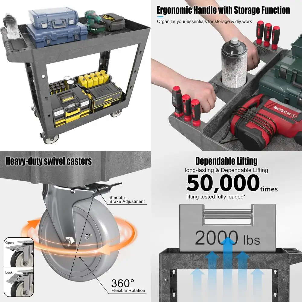 عربة أدوات بلاستيكية شديدة التحمل ذات رفين مع مقبض مريح و5 عجلات دوارة للمرآب وتخزين الأدوات