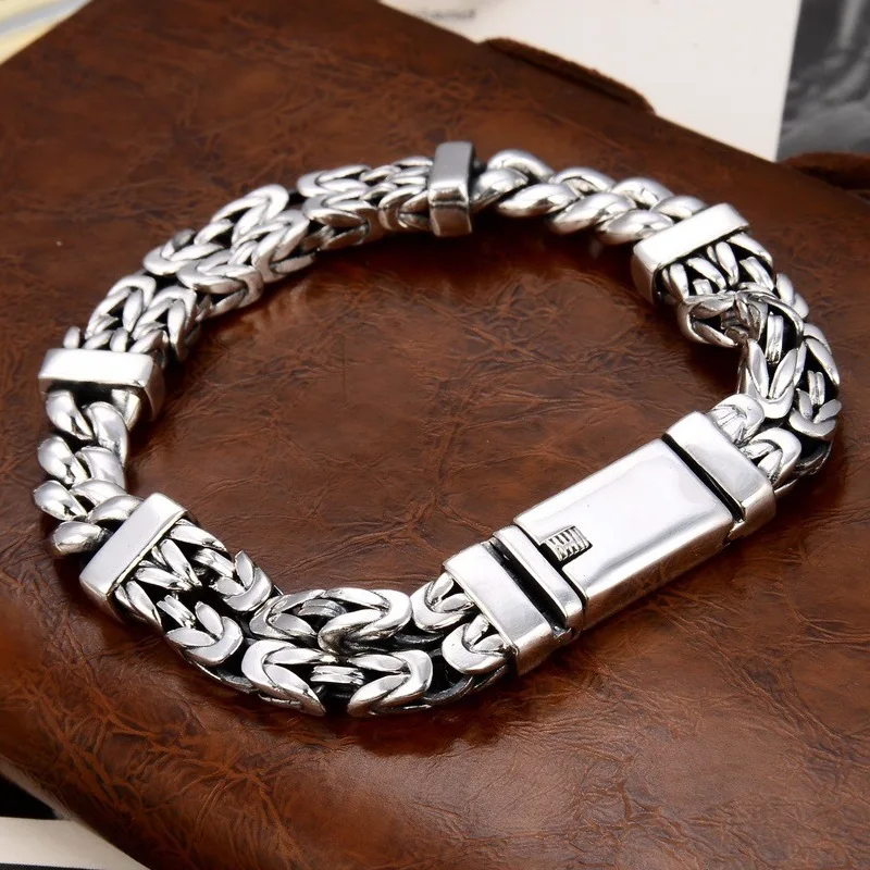 

Real Solid 925 Sterling Silver Chain Men 11mm Lucky Double Byzantine Curb Cuban Link Bracelet 53g/22cm