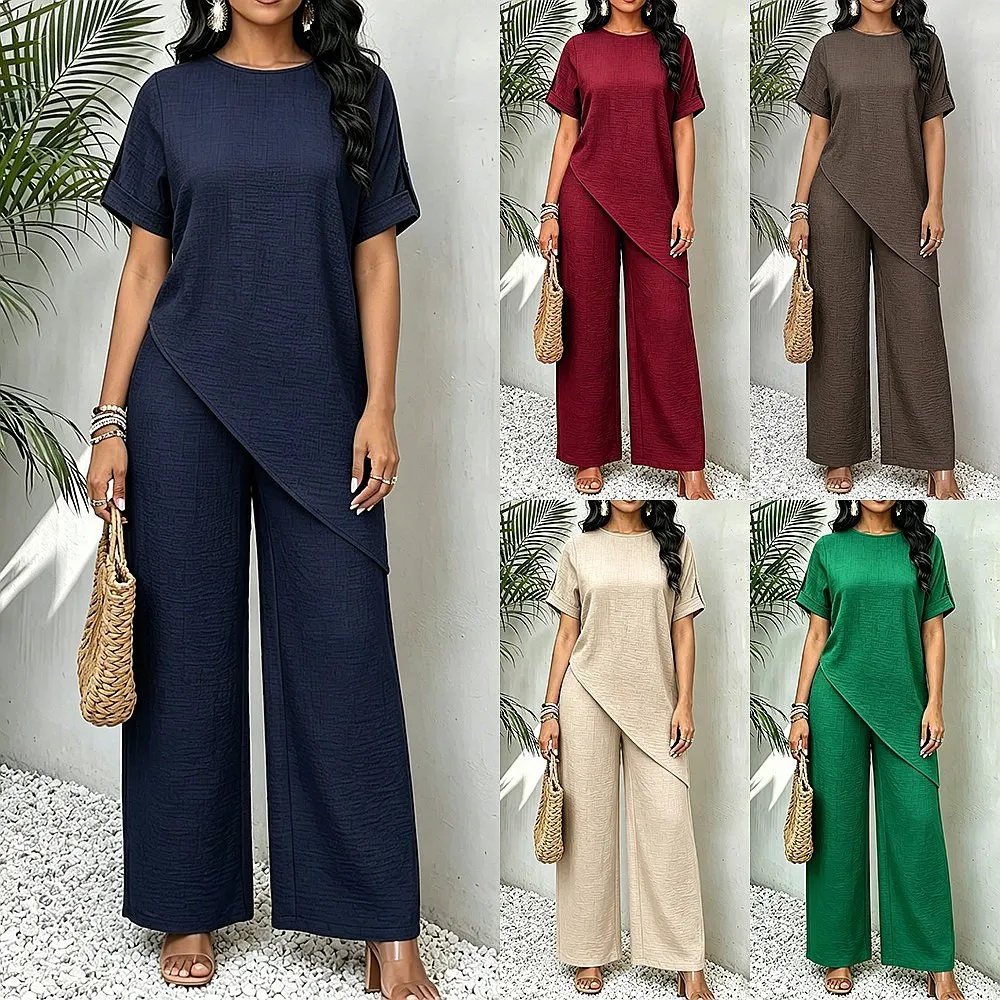 

Summer Loose Round Neck Irregular Long Top Wide Leg Pants Matching Set Casual Jumpsuit Playsuit Overall Tee Blouse