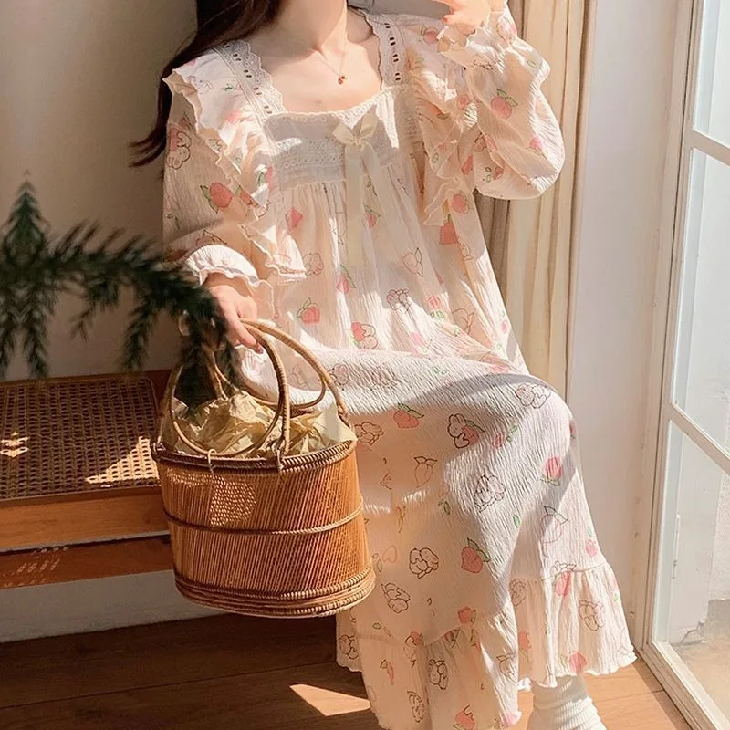 2024 New Pajamas Long-Sleeved Nightdress Spring Autumn Women Sweet Cute Loose Homewear Suit Female Casual Thin Nightclothes