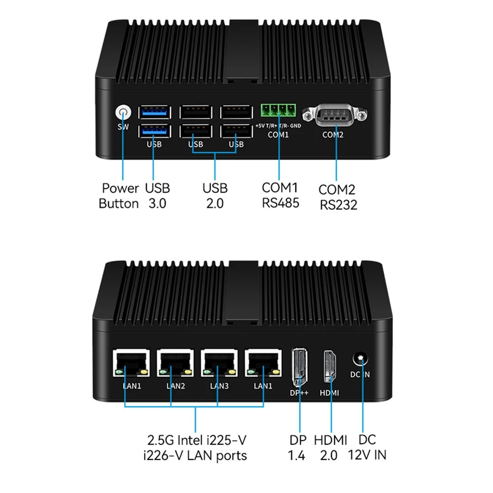Intel N100 4xi225 2.5G Lan Mini Pfsense Firewall PC HD DP Celeron J4125 OpenWrt Mini computer industriale senza ventola RS232 RS485 4G