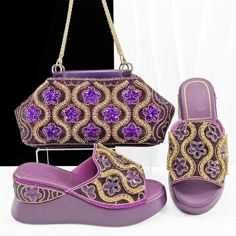 

Nigerian Style Double Color High Heels Shoes And Bag Set High Quality African Women Crystal Shoes And Bag Set For Wedding Dress