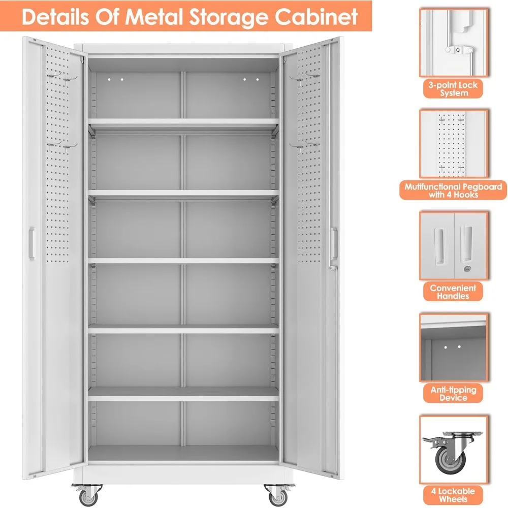 Металлический шкаф для хранения на колесах, 71 Г x 32 Вт x 16D, 5 регулируемых полок, 4 крючка, стальной органайзер для гаража