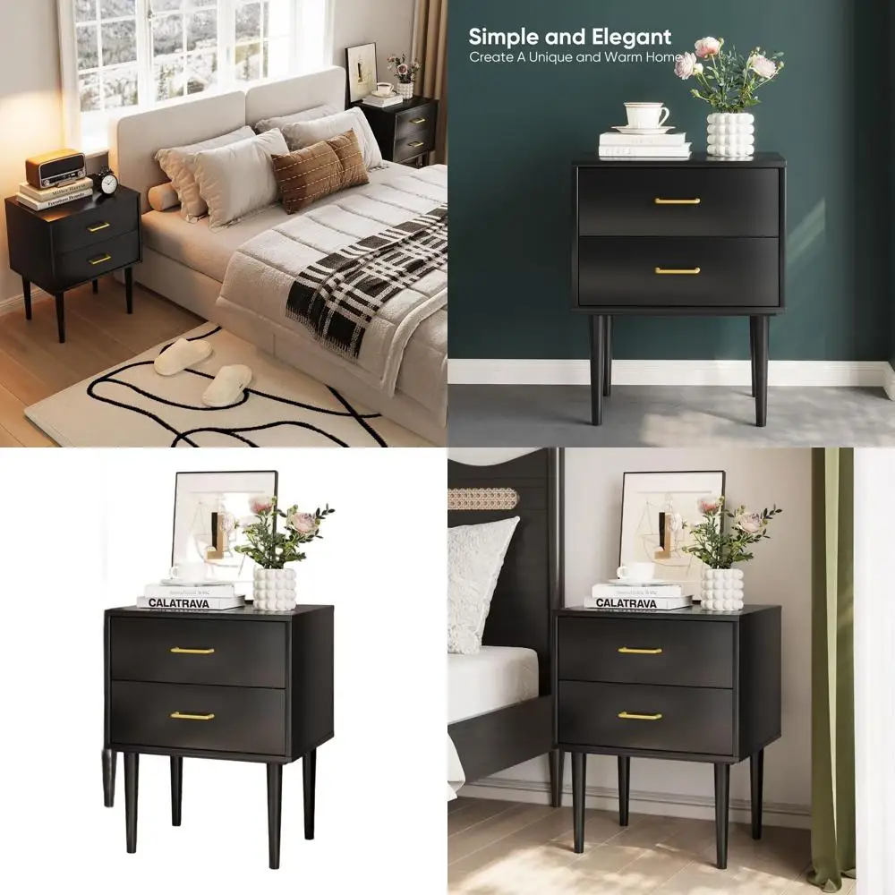 

Elegant 2-Drawer Nightstand with Gold Handles, 26 High Wooden Side Table for Bedroom and Living Room
