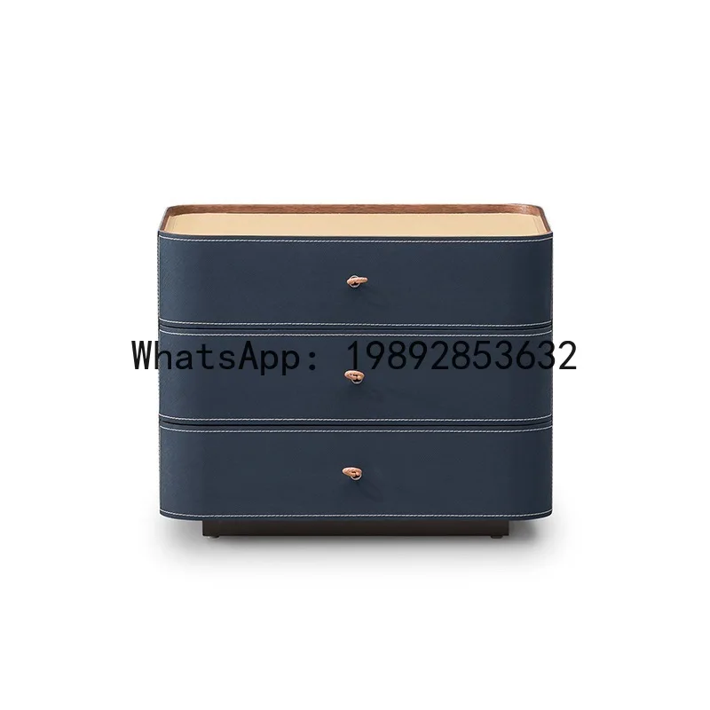 LYY Italian Minimalist Solid Wood Bedside Saddle Leather Side Cabinet Bedroom Three-Drawer  Royal Blue Light Luxury Storage