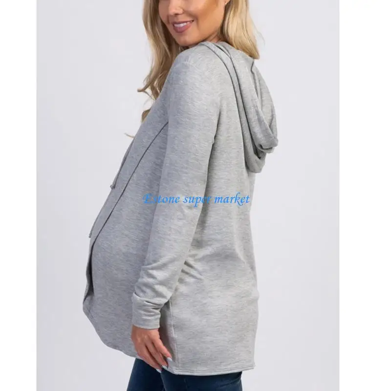 090B Maternity Sweatshirt Adjustable Drawstring Loose Pregnancy Hoodie With Pockets