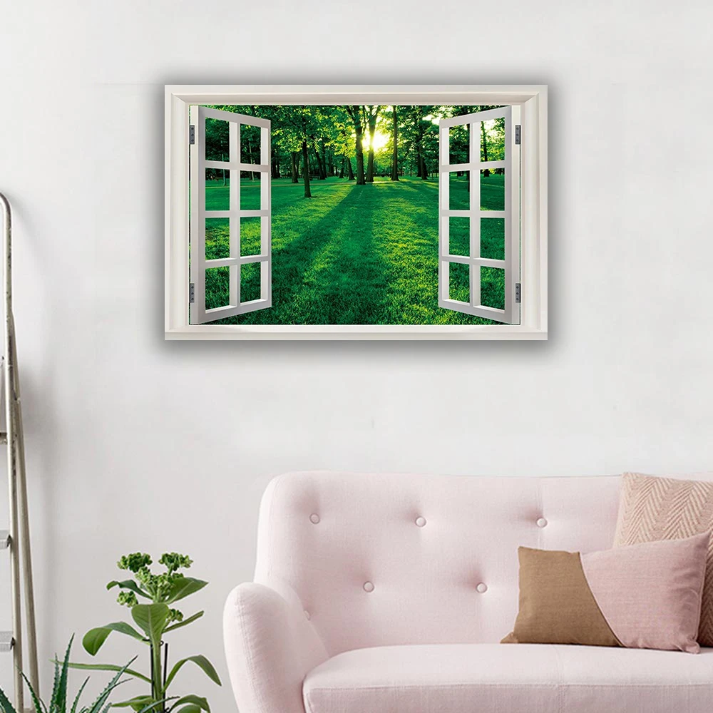 Modern 3D Fake Window Landscape Canvas Painting Natural Sunlight through green forest Poster Living Room Decor No Frame