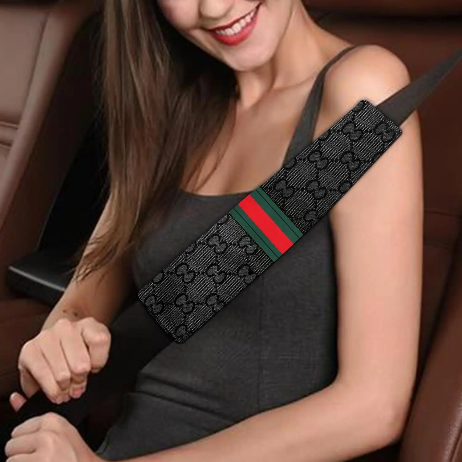 Universal 5PCS Steering Wheel Cover Set with Headrests & Seat Belt Covers, Enhances Driving Comfort for Women (Black) - Image 3