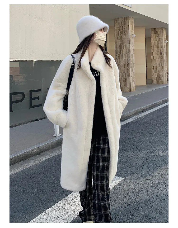 Women's Thick Faux Mink Fur Mid-length Coat Autumn Winter Fashion Stand Collar Plush Outerwear Women Elegant Warm Fluffy Jackets