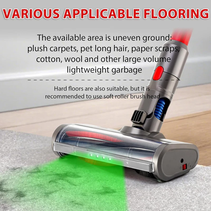 Brush for Dyson V7 V8 V10 V11 V15 Vacuum Cleaner Floor Brush Head with Green LED Lights for Carpets and Hard Floors