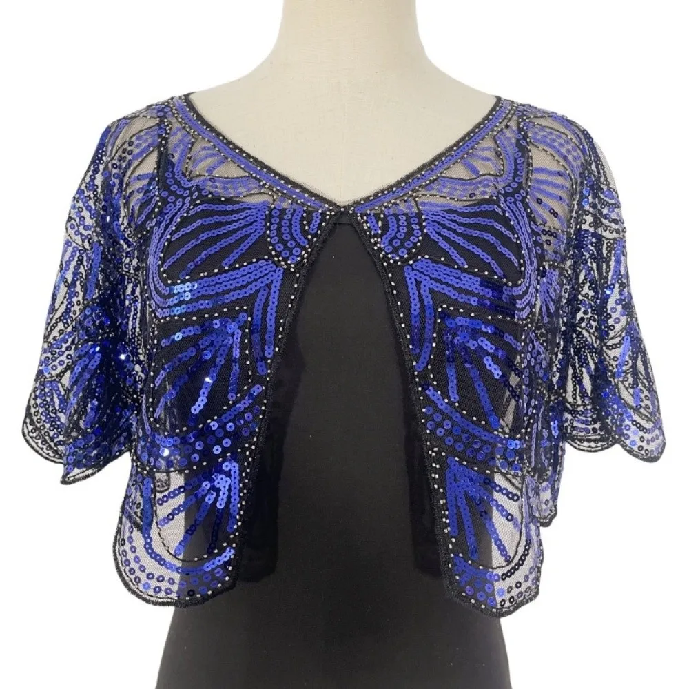 Elegant Ruffle Design Poncho Coat Mesh V-neck Short Cape See-through Blingbling Sequins Flapper Shawl Wrap