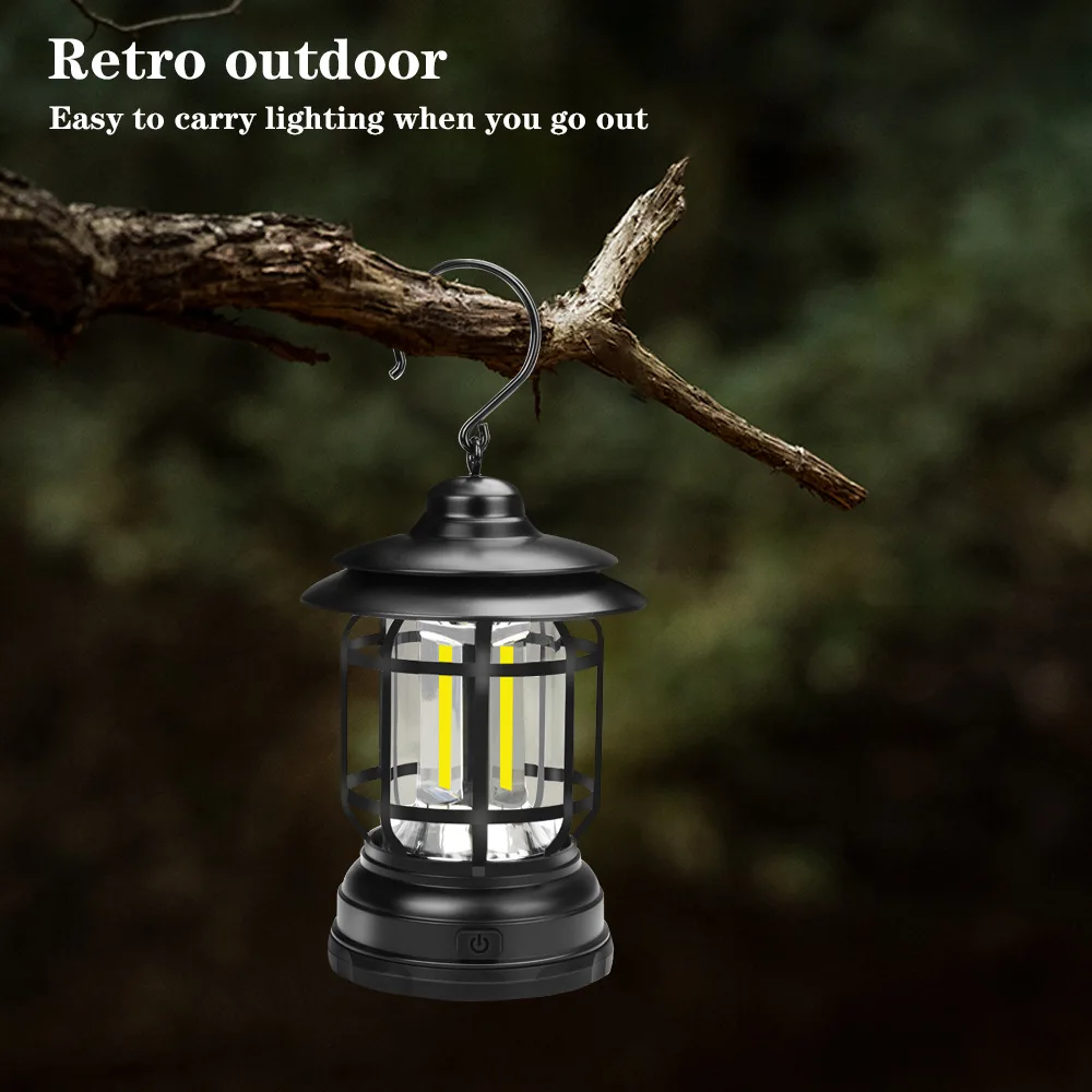 Rechargeable Retro Metal Camp Light Battery Powered Hanging Vintage Lamp Portable Waterproof Outdoor Camping Lantern