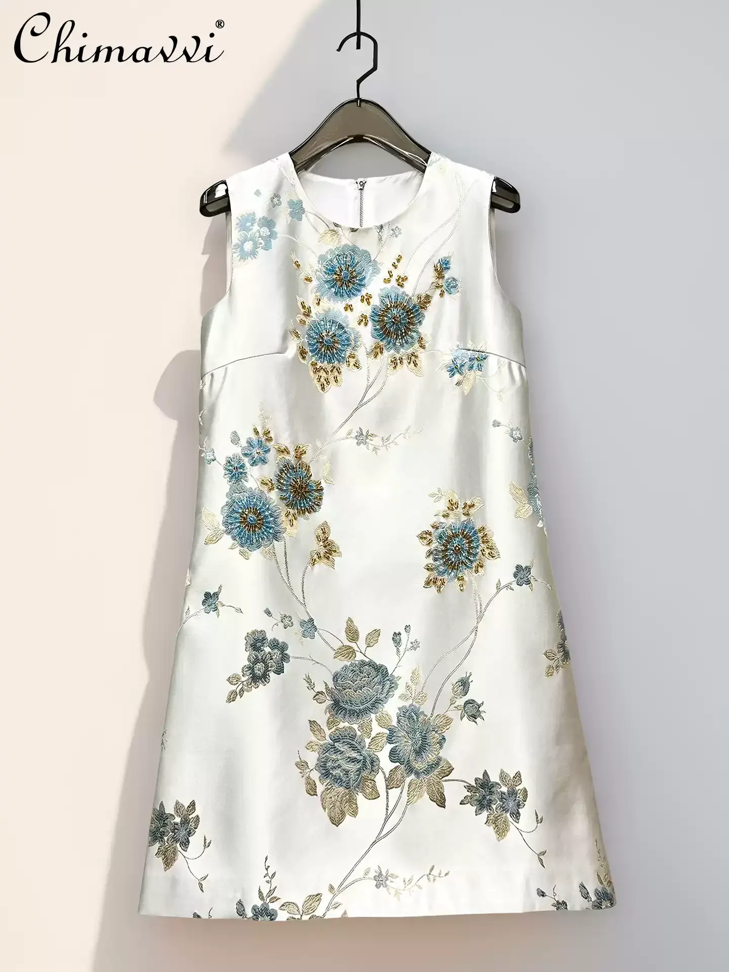 

2026 Summer Women Dress French Style Elegant Fashion Heavy Industry Embroidered Beads High Waist A-line Sleeveless Short Dress