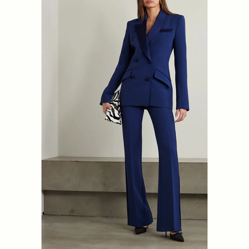 Elegant Dark Blue Black Women's Suit Double Breasted 2 Piece Jacket Pants Blazer Set Office Lady Slim Fit Female Clothing