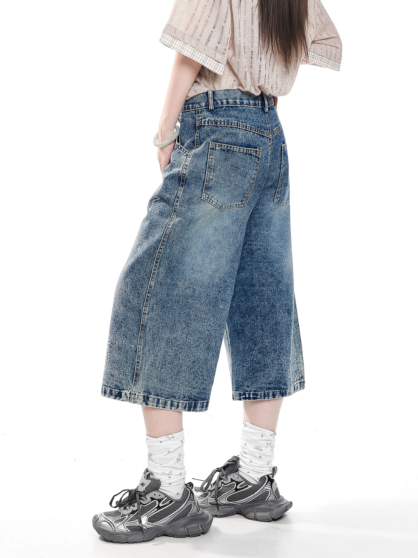American Retro Star Rhinestone Seven-Foot Loose Casual Women's Jeans Summer Wide Leg Straight Design Sense Casual Denim