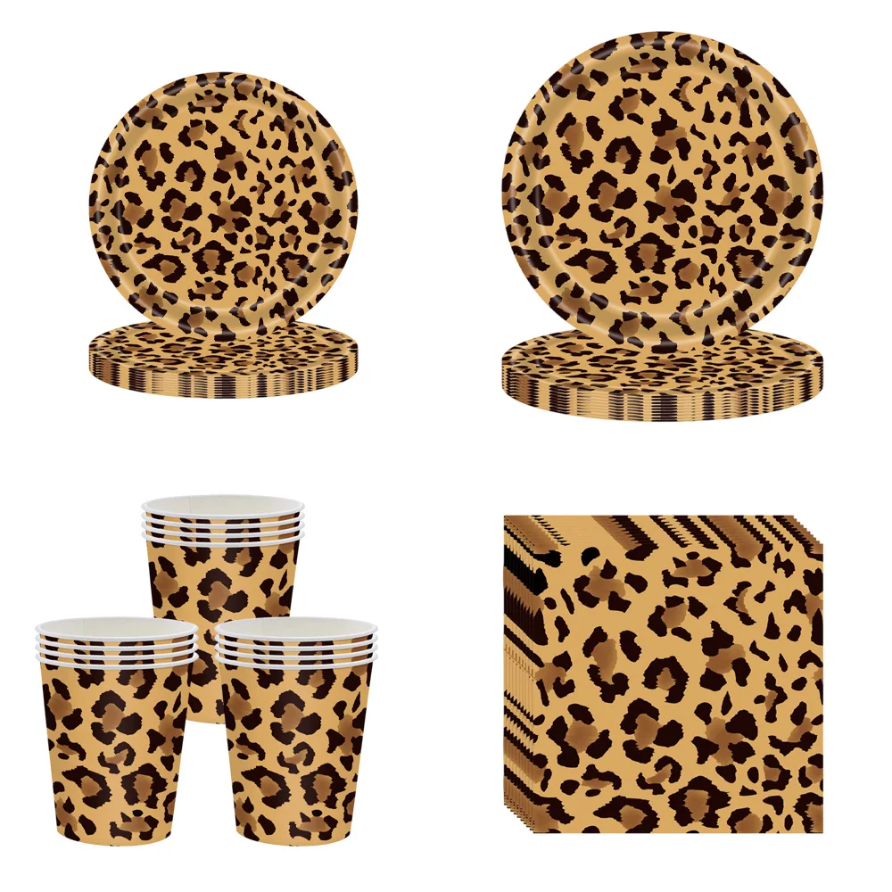 

Leopard Print Paper Plates Cups Napkins Disposable Tableware Safari Jungle Animals Happy Birthday Party Supplies Baby Shower Set