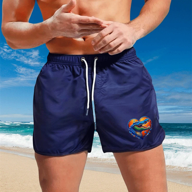 Summer Men's Beach Shorts Lightweight Closure Short Pants Pocket Running Sports Fitness Shorts refreshing blue alligator Print