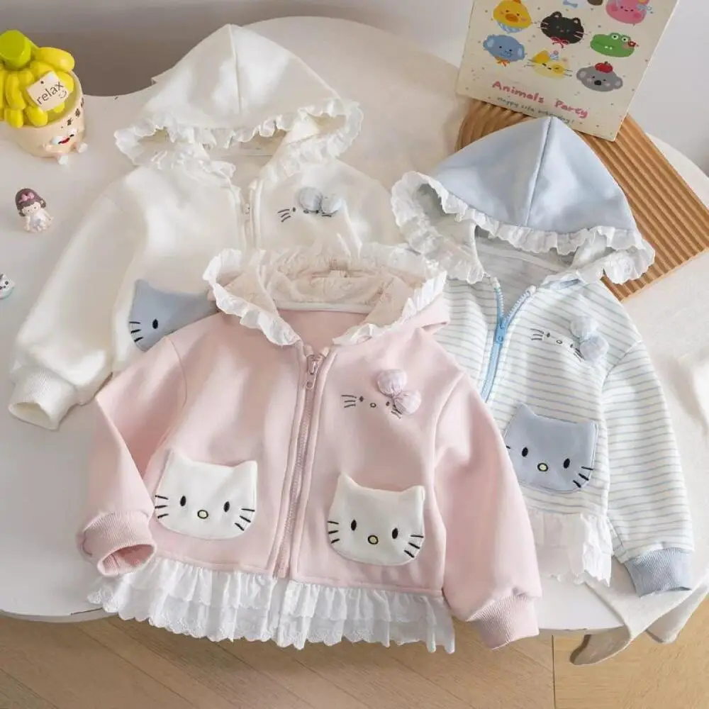

Sanrio Hello Kitty Spring Autumn Girls Jacket Princess Lace Coats Cartoon Children's Cute Hooded Top Baby Anime Sweet Overcoat