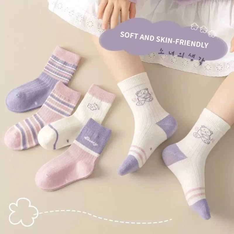 

5 Pairs Cute Bear Pattern Children Girls Half Socks Striped Letter Casual Cotton Combed Elastic Skin-friendy Cozy Soft Kids Sock