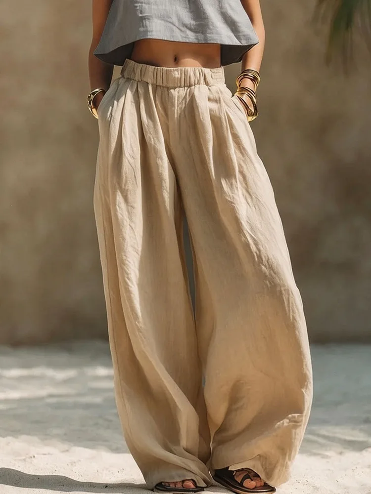 Women Solid Wide Leg Pants Elastic High Waist Pleated Loose Trousers Side Pockets Spring Autumn Fashion New Casual Bottoms