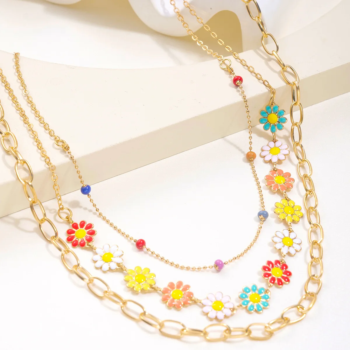 1Pcs Hot Selling Ins Style Temperament Versatile Niche Design High Sense Necklace Chain Flower Three-Layer Stacked Necklace