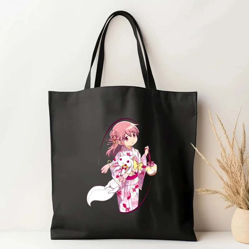 Madoka Magica Puella Magi Mahou Shoujo Kyubey Homura Hakemi Kaname Mami Print Black Shopping Bag Women Canvas Tote Bags