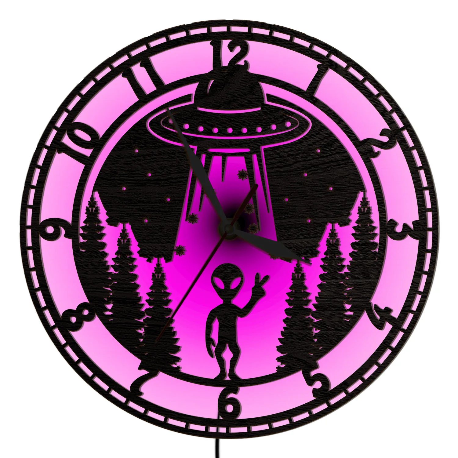 UFO Alien Forest Scene LED Lighting Wall Clock Outer Space Sci‑Fi Home Decor RGB Color Changing Night Light Wooden Wall Clock