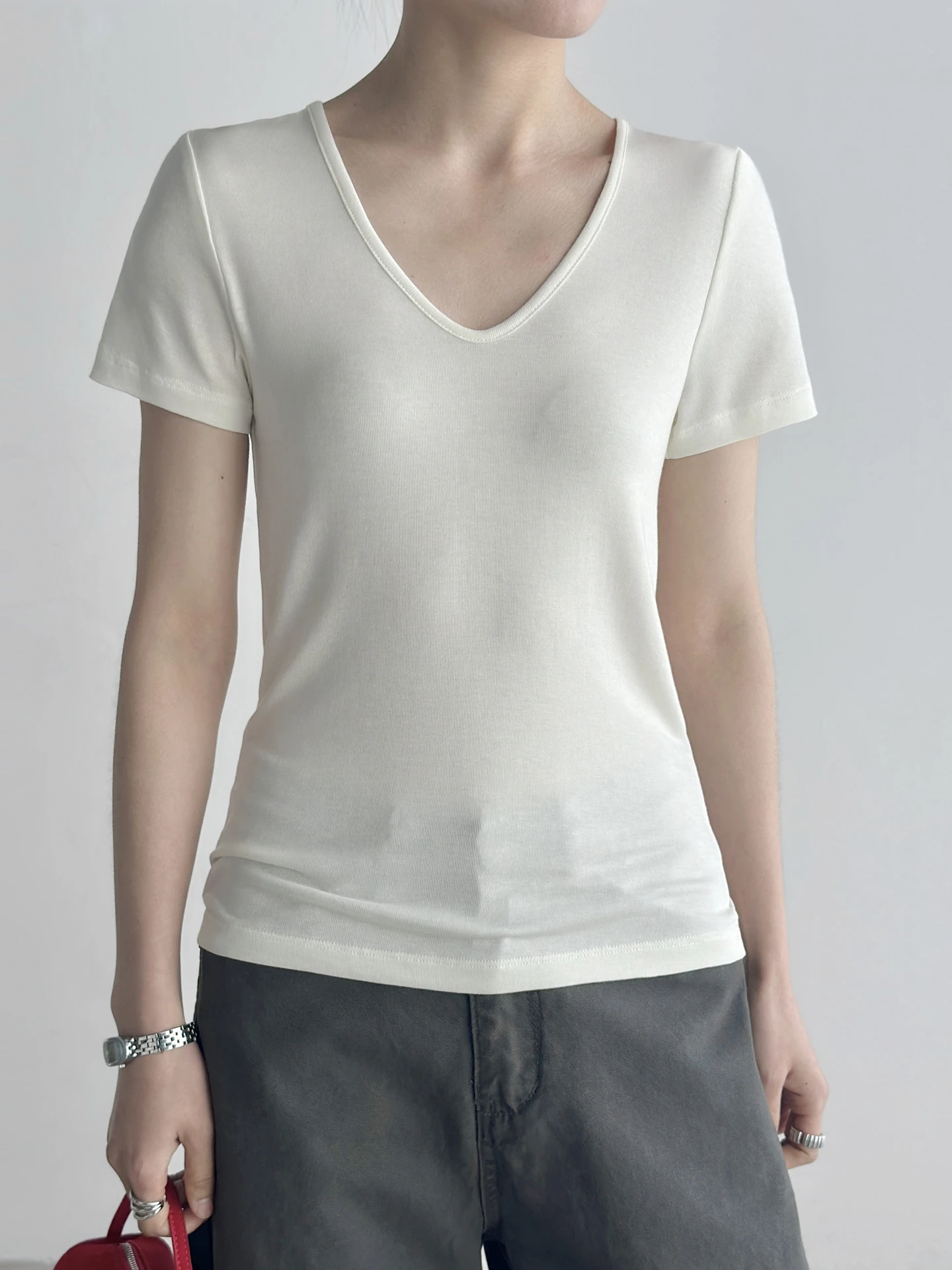 

Acetate Lyocell Wool Blend Short Sleeve V-Neck T-Shirt Women's Lightweight Breathable Slim Fit Base Shirt Inner Wear Top