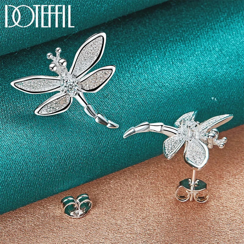 DOTEFFIL 925 Sterling Silver Dragonfly Inlaid with Crystals Stud Earring For Woman Fashion Wedding Engagement Jewelry