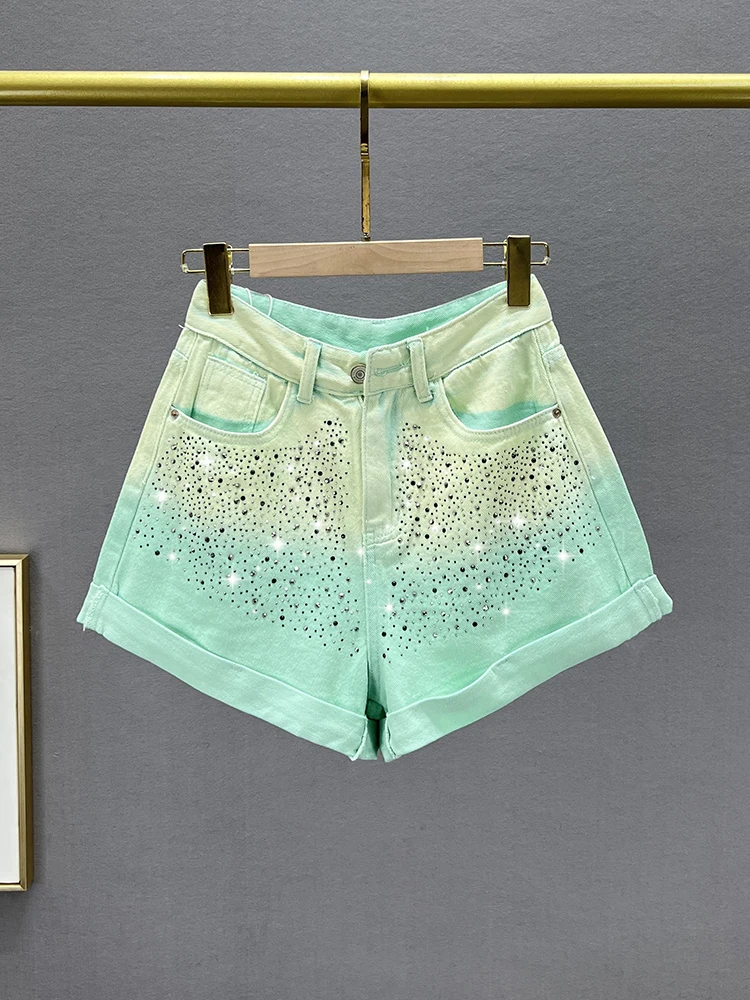 

Женские джинсовые шорты с высокой талией, А-силуэт, модные летние новые свободные укороченные джинсы с эффектом похудения, украшенные стразами, с отворотами