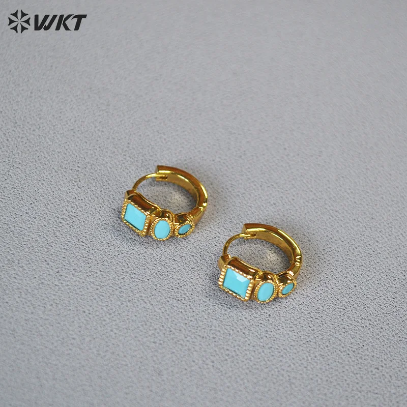WT-E821 Fashionable Popular Natural Turquoise Copper Plated With Gold Little Earrings As Women Holiday Wearing Accessory