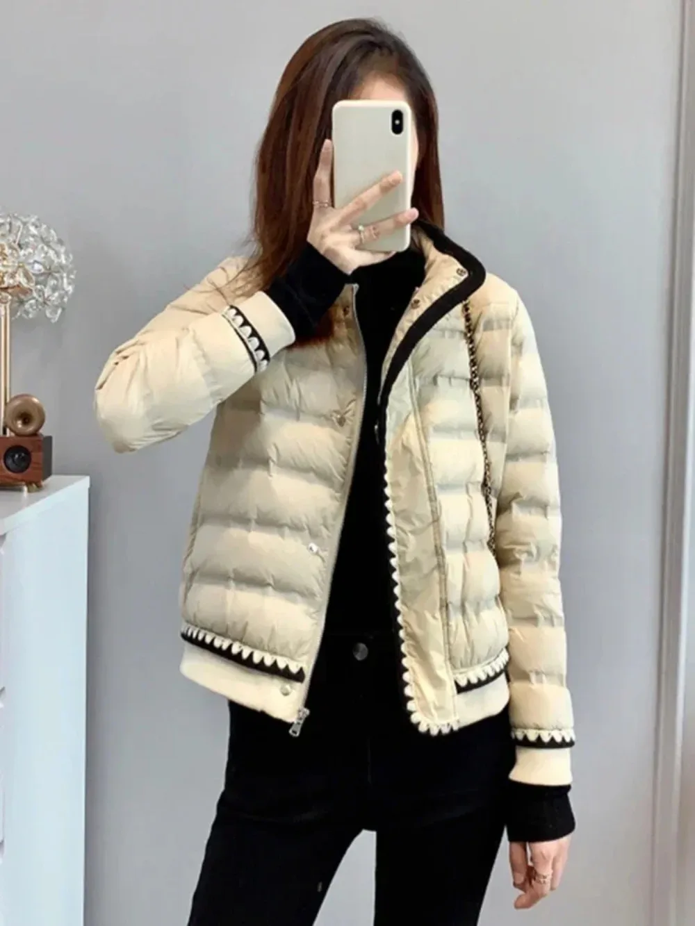 2024 90 White Duck Down Coat Down Jacket Winter Women Stand Collar Zipper Lace Solid Jacket Thick Warm Snow Parka Outwear Europe