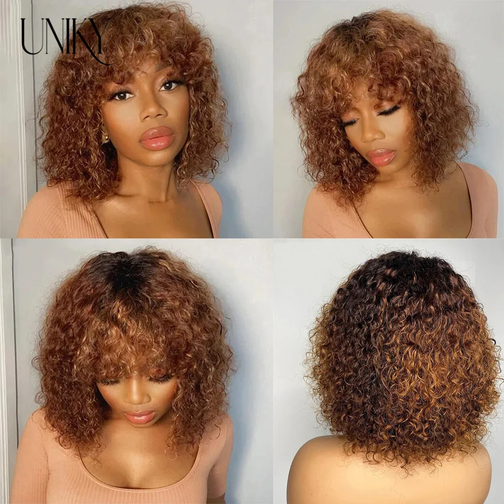 Afro Kinky Curly Scalp Top Wig with Bangs 180% Density Mongolian Remy Human Hair Wig Silk Top Full Machine Wigs Skin Base O Part