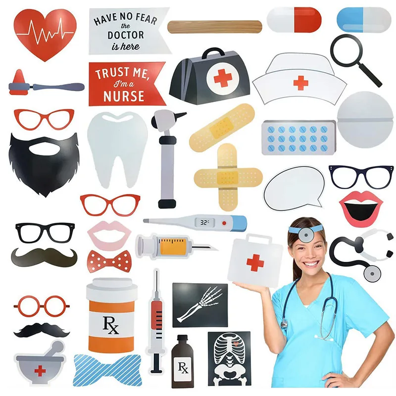 40 stücke Krankenschwester Selfie Photo Booth Requisiten Medizinische Pflege Abschluss Photobooth Requisiten Kit Zahnarzt Arzt Party Dekoration Hintergrund