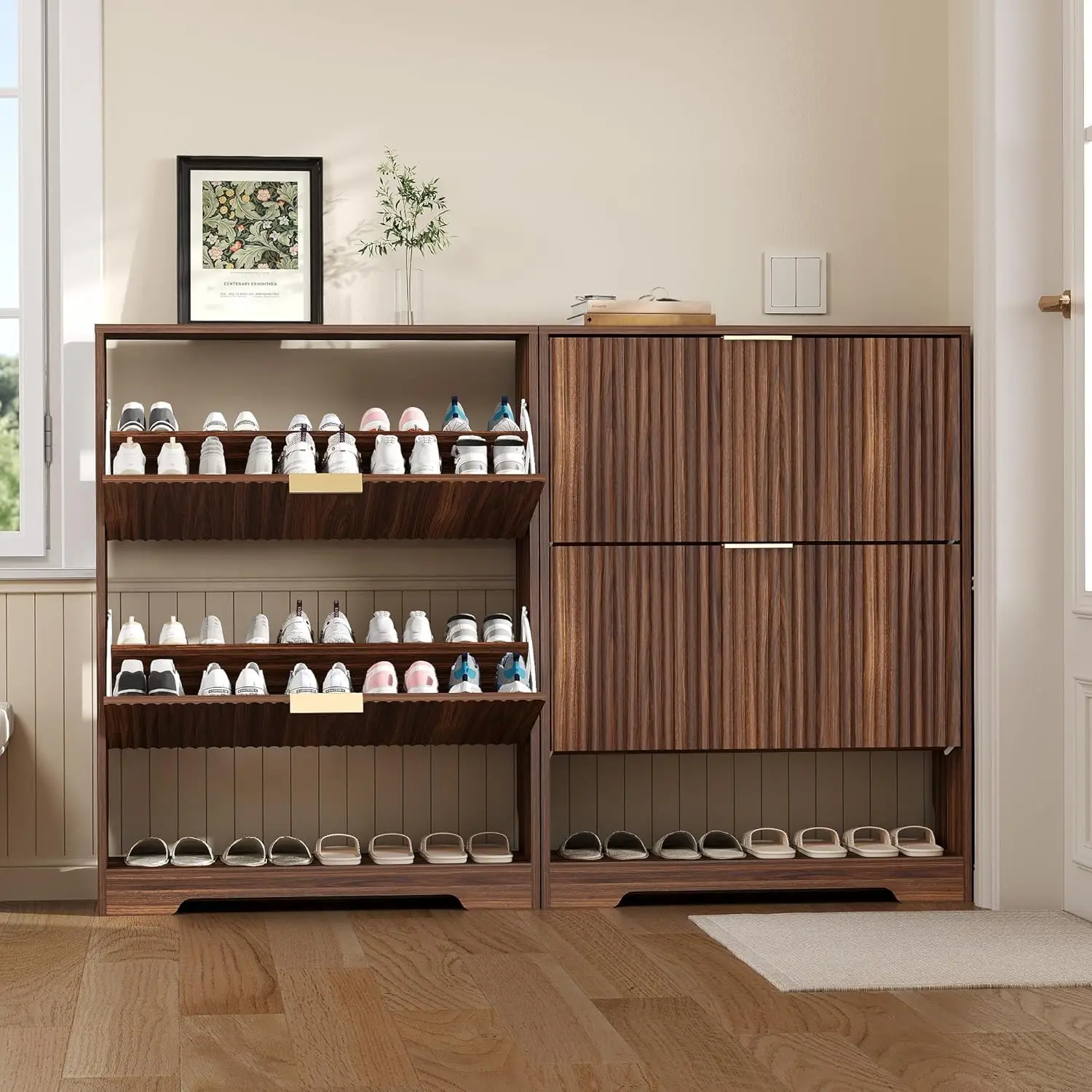 Shoe Storage Cabinet with 2 Flip Drawers,Slim Fluted Shoe Rack Cabinet with Open Storage,Wooden Hidden Shoe Rack Freestanding Narrow Shoes Organizer for Hallway, Entrance,Foyer