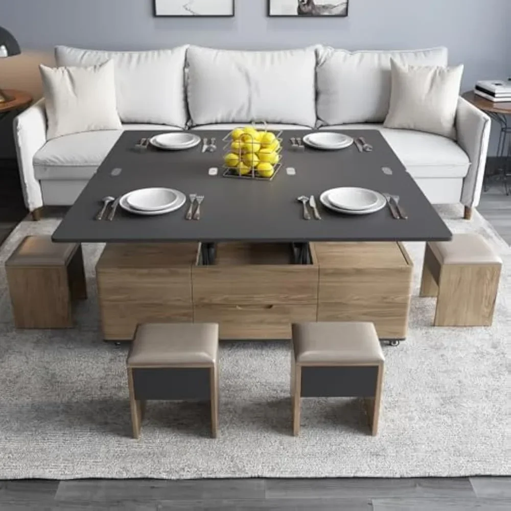 

Lift-Top Coffee Tables with 4 Stools, 3-in-1 Center Tables, Space Saving Folding Dining Table