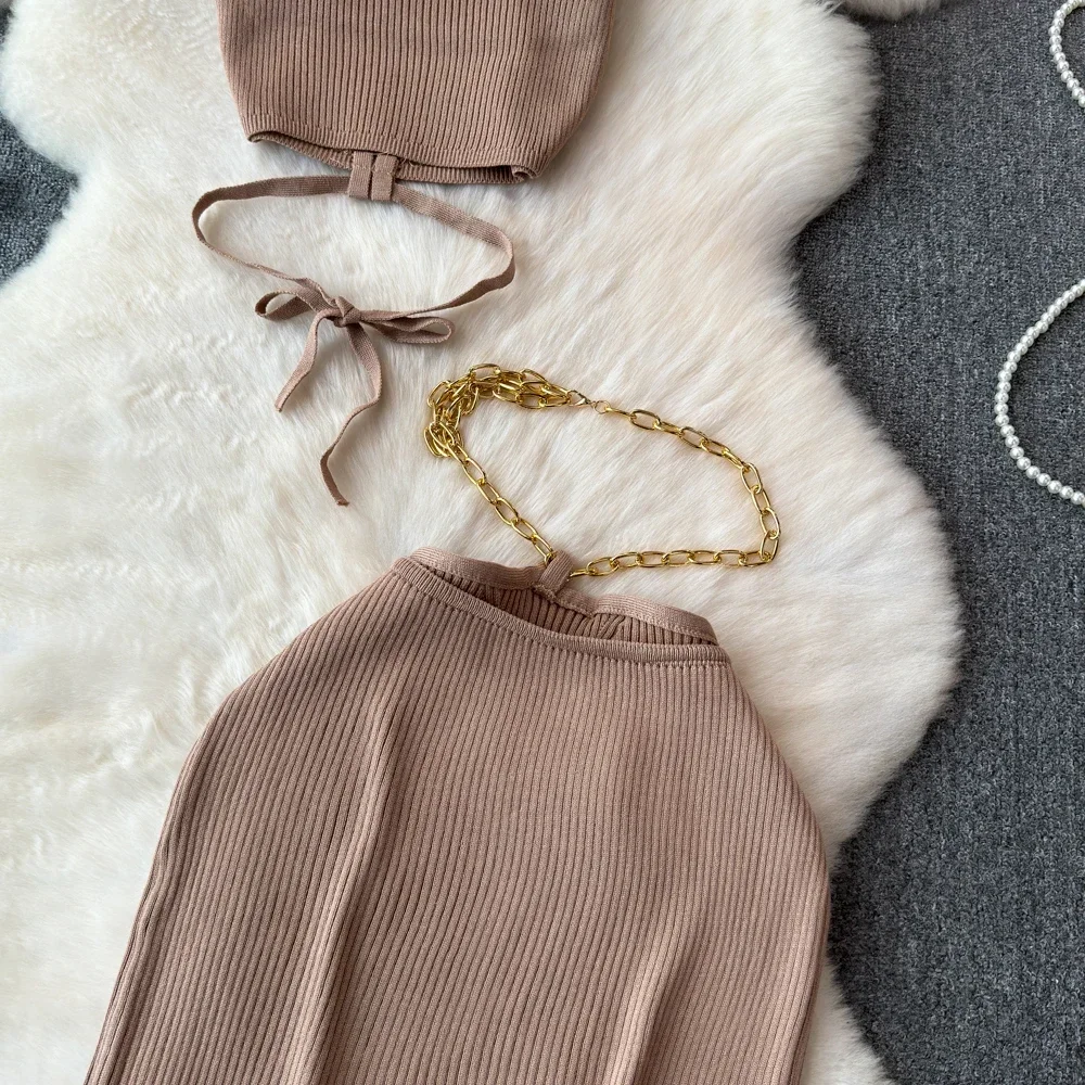 ถัก 2 ชิ้นชุดผู้หญิงชุดกระโปรงเซ็กซี่ Slim Crop Tops ยาวแยกชุดกระโปรง Halter Camis กับกระโปรงแฟชั่นใหม่