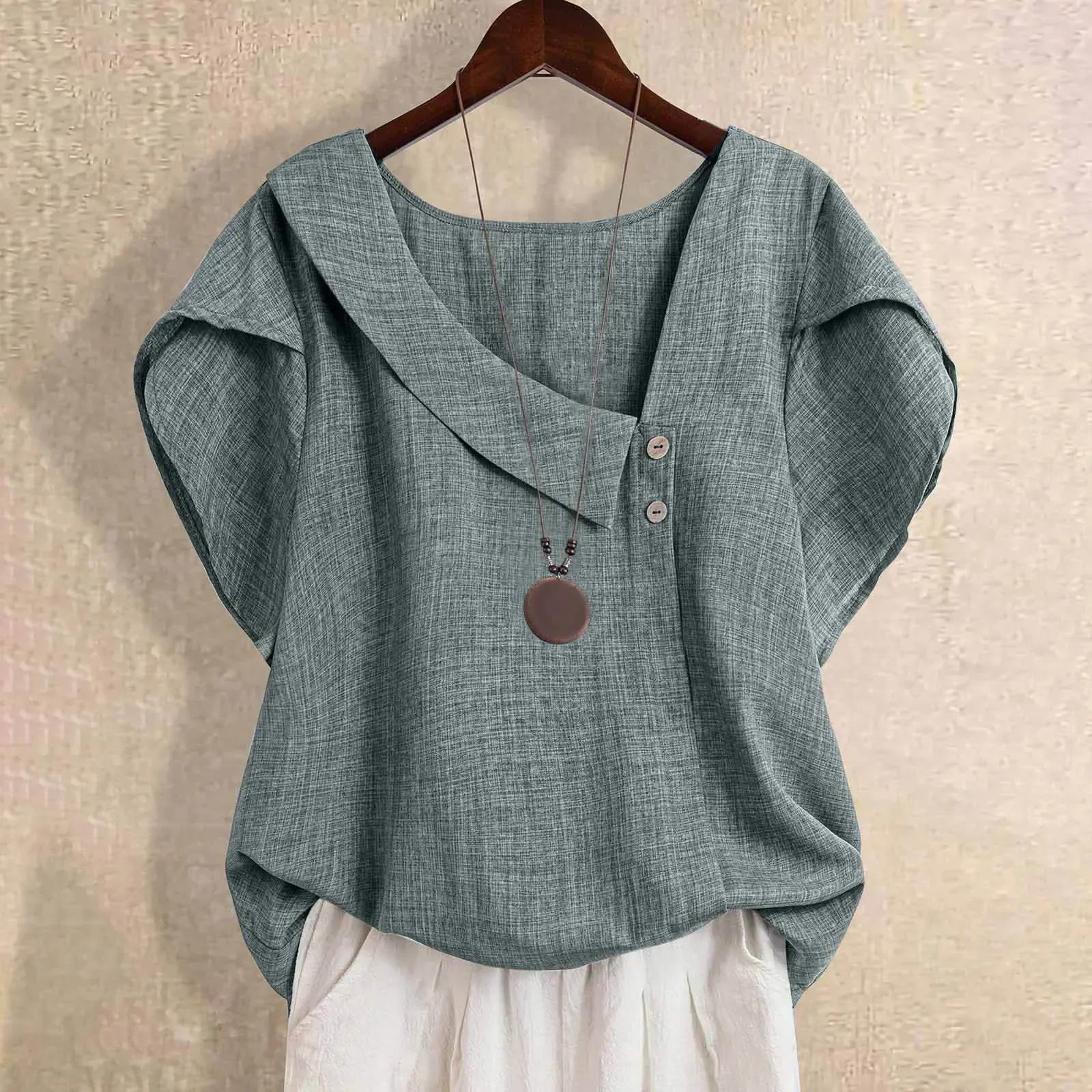 Women Small Slant Neck Solid Color Linen Button Petal Sleeve Short Sleeve Shirt Top Casual Daily Streetwear Chic Minimalist New