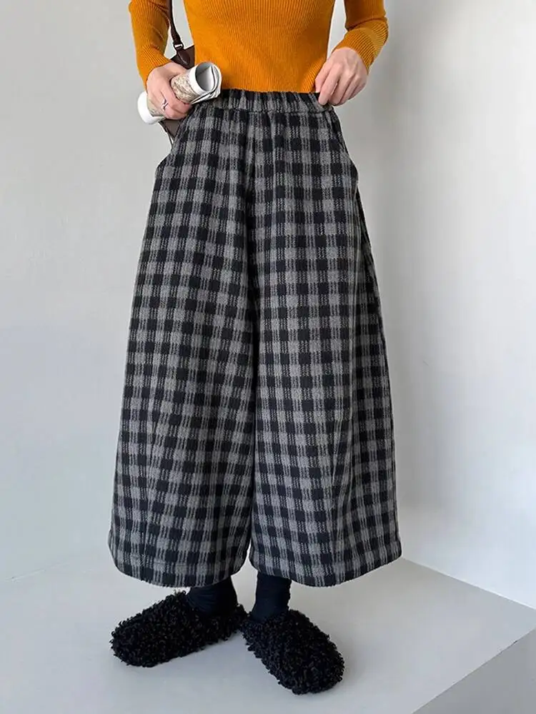 EAM Plaid High Elastic Waist Wide Leg Ankle Length Vintage Pants New Trousers Women Fashion Tide Autumn 2026 30A4051