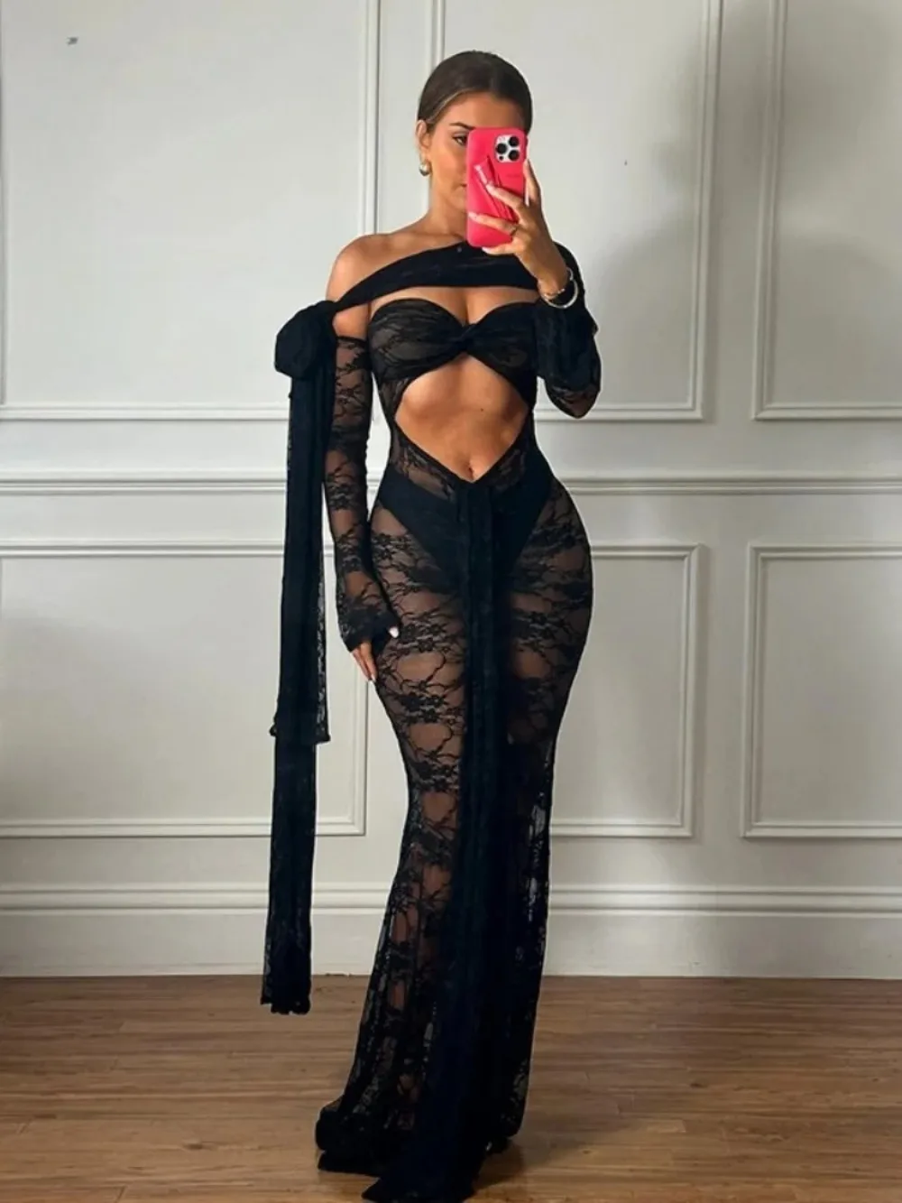 See Through Lace Mesh Black Sexy Dress 2025 Summer Beach Cutout Split Long Sleeve Dresses