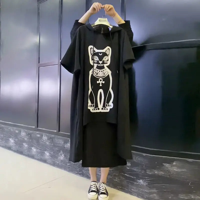 

Stylish Casual Irregular Hem Long Dress 2023 Summer Streetwear Hooded Drawstring Women's Clothing Cat Printed Oversized Dresses